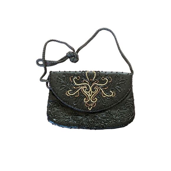 Vintage beaded black and gold envelope style evening bag/clutch 8 x 6 - Picture 1 of 3